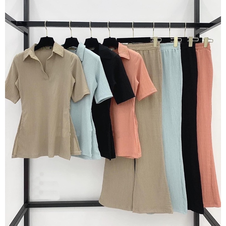 Set Đồ bộ thun gân, áo polo xẻ tà quần ống loe đủ size 45-70kg