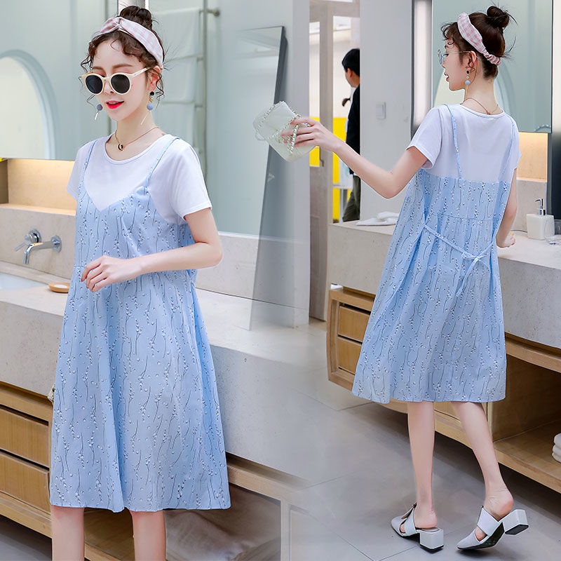 Đầm Tay Ngắn Giả Hai Lớp Lưng Cột Dây Phong Cách Hàn Quốc Thời Trang Mùa Hè Dành Cho Bà Bầu★Quần Áo Nữ Yiren★