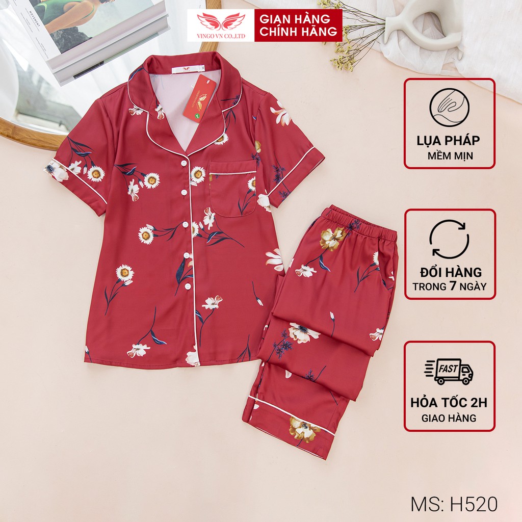 Đồ bộ nữ mặc nhà Pyjama VINGO Lụa Pháp cao cấp tay cộc quần dài mùa Thu Đông 2021 họa tiết hoa đỏ H520 VNGO - TCQD