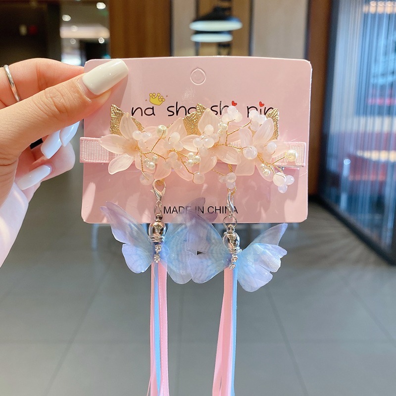 Set 2 Kẹp Tóc Hình Hoa Và Bướm Tua Rua Xinh Xắn Cho Bé Gái