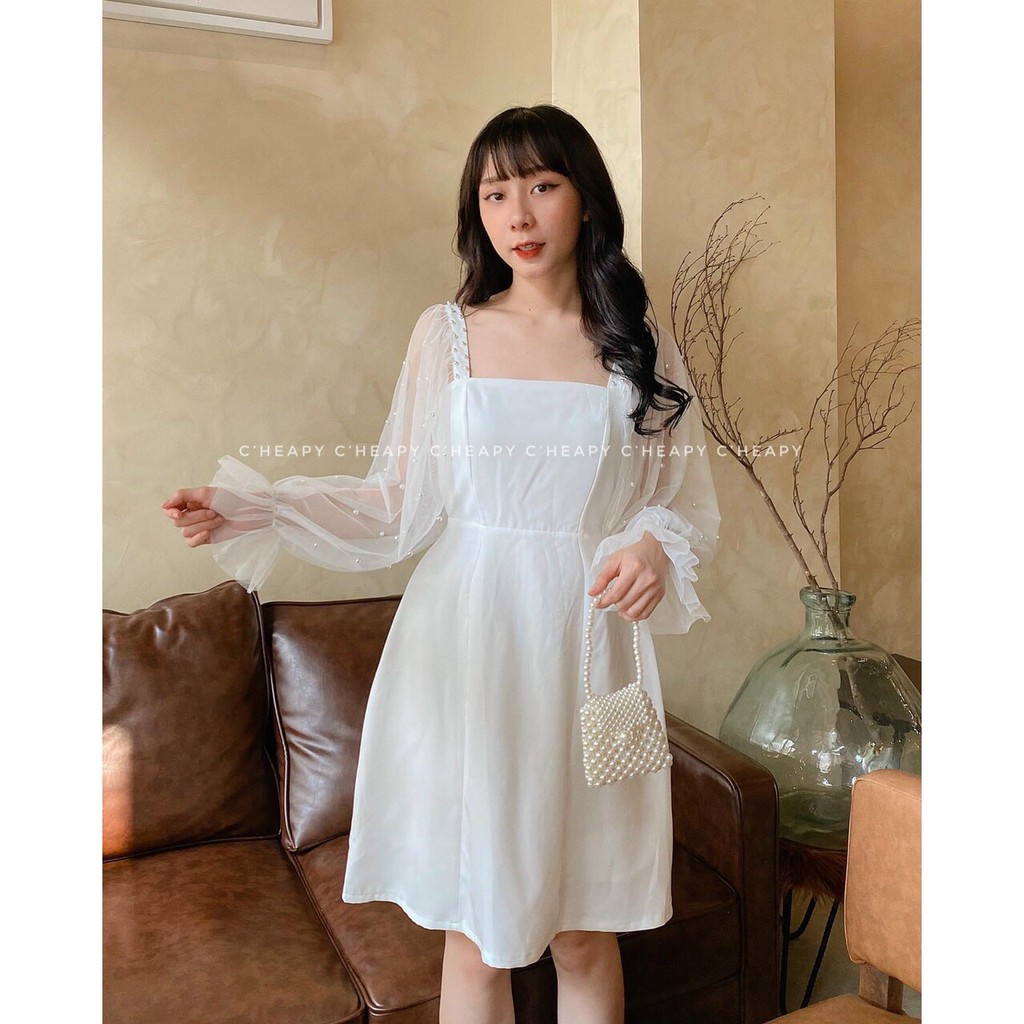 Đầm xòe cổ vuông tay lưới bi xinh xắn có mút ngực