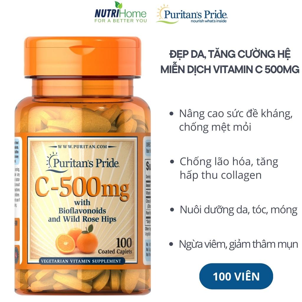 Viên uống đẹp da, tăng cường miễn dịch Vitamin C 500mg Puritan’s Pride ngừa viêm, giảm thâm mụn