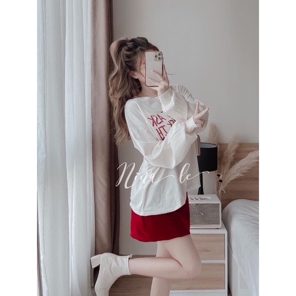 Set áo chữ đỏ dài tay mix chân váy nhung 2 lớp lót cạp chun lưng