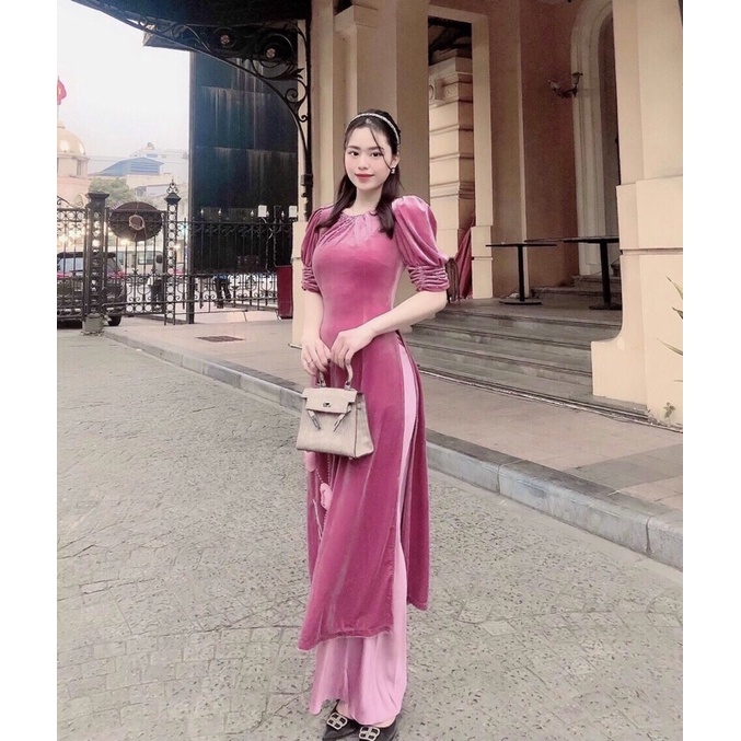 Áo dài cách tân nhung đính kết cổ trẻ trung áo dài tết đẹp mẫu mới 2021 đủ 4 màu đỏ vàng rêu hồng