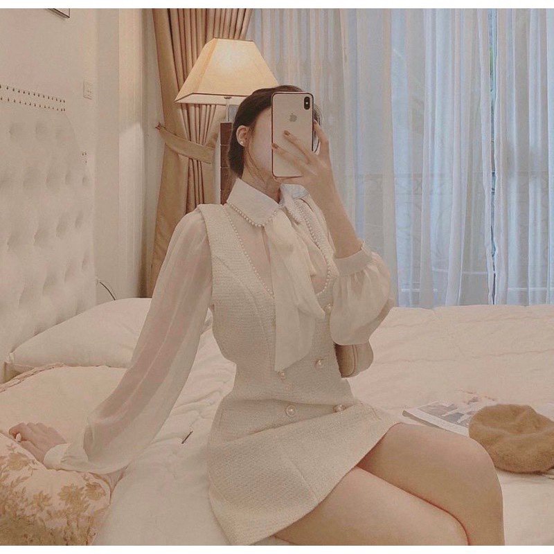 Set đầm dạ nut áo voan trắng nơ cổ lên form vừa thanh lịch vừa xinh xắn chất xịn giống mẫu