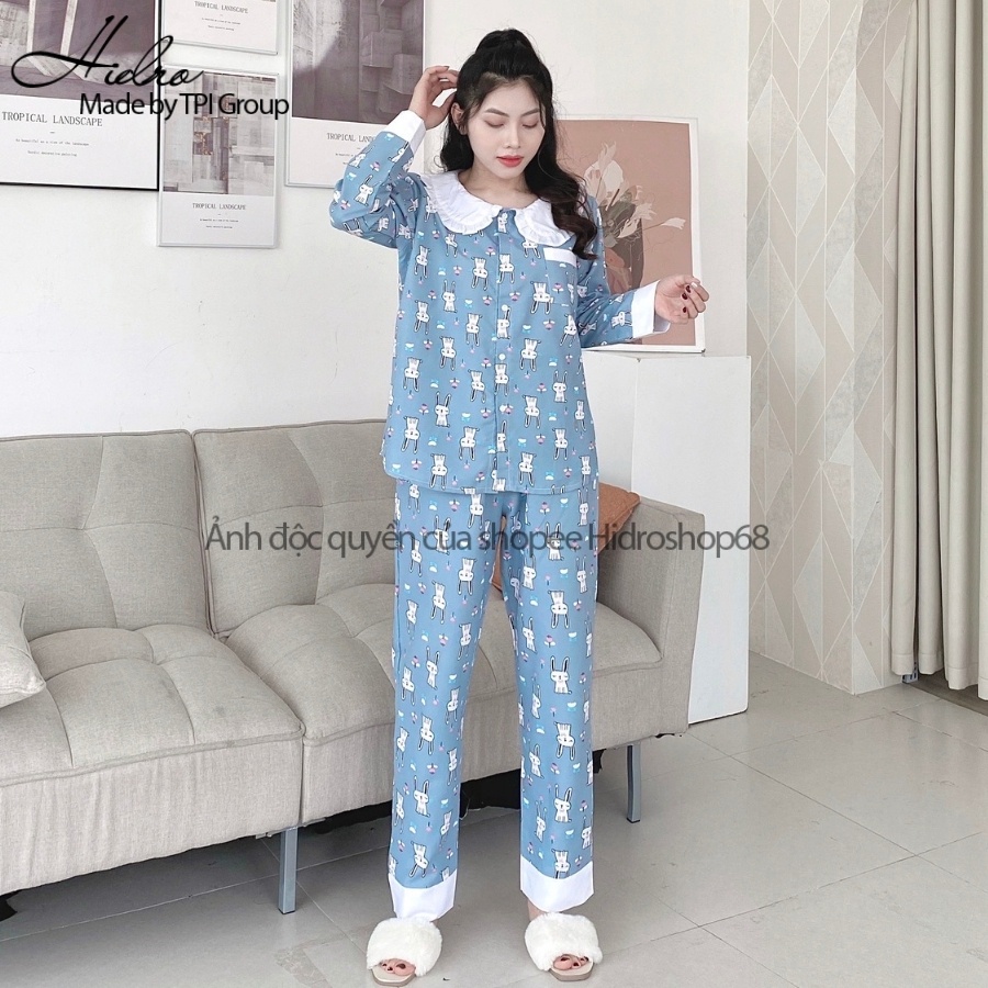 Bộ Pijama Dài Tay Quần Dài Phối Cổ Họa Tiết Dễ Thương Siêu Xinh