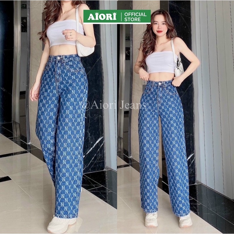 [CAO CẤP - ĐỦ 3 MÀU] Quần Jean Nữ AIORI Ống Suông Lưng Cao Họa Tiết NY Ống Rộng Lưng Kiểu Culottes Thời Trang Hàn Quốc