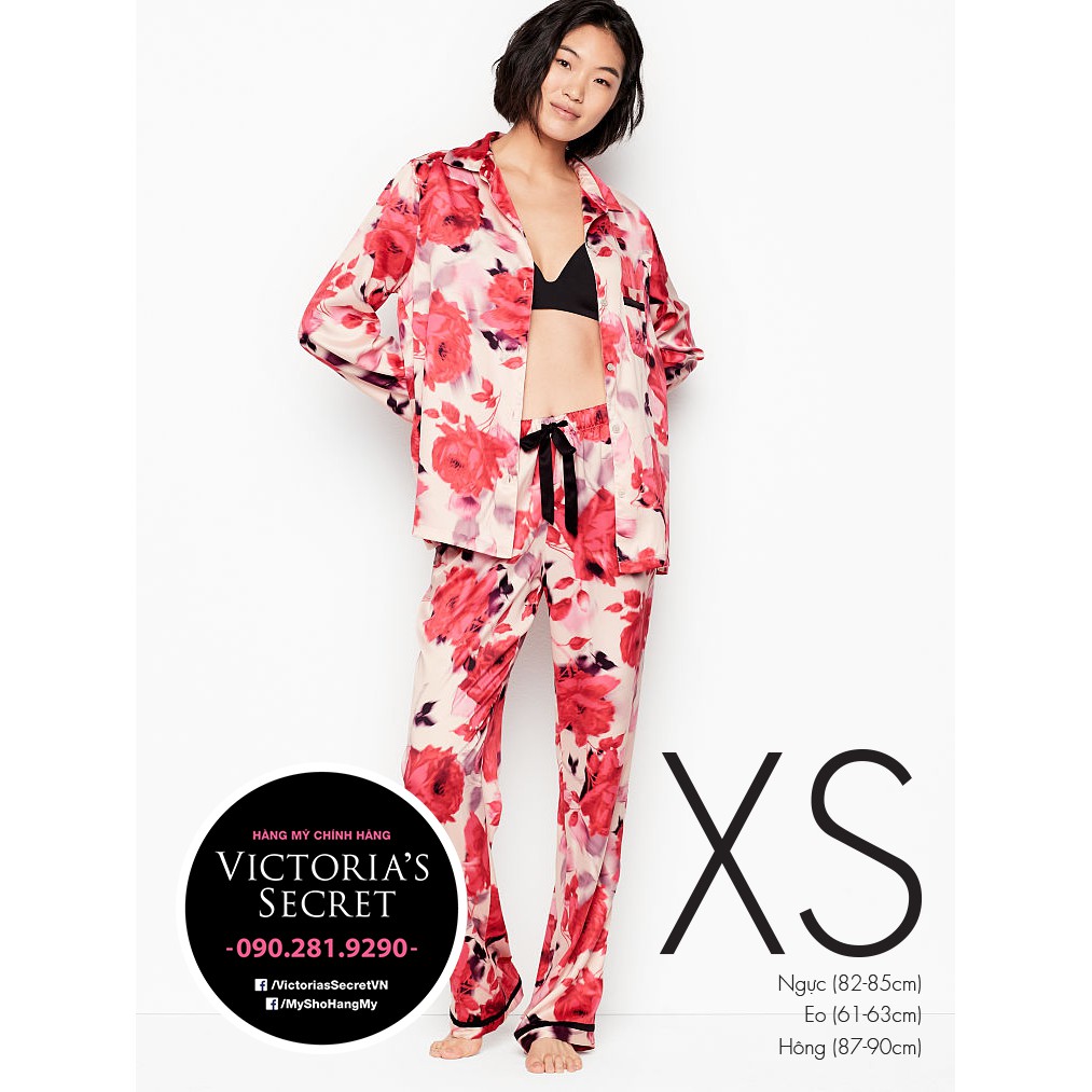 (Sleep Bill Mỹ XS) - Bộ đồ ngủ hoa hồng xinh sáng (44) cực xinh, vải Satin mềm mát, Red Rose - Victoria's Secret