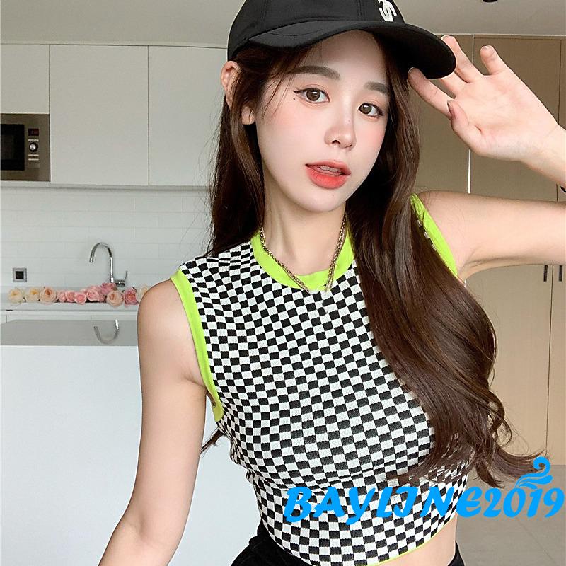 Áo lửng không tay họa tiết caro thời trang quyến rũ cho nữ