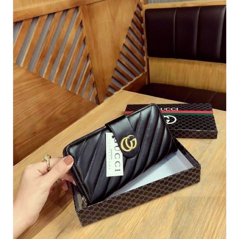 Ví dài thời trang nữ nắp cài g.u.c.c.i da bóng trần chỉ siêu đẹp
