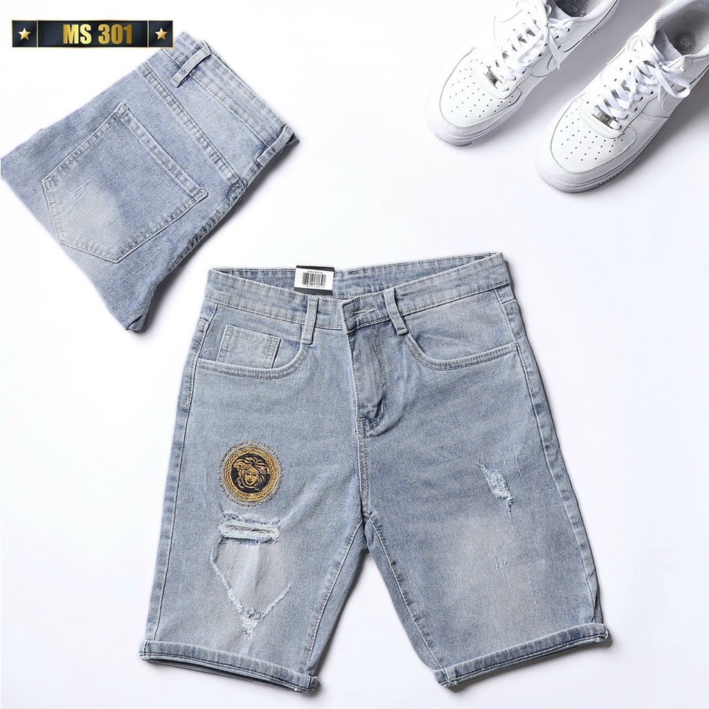 Quần short bò nam co giãn chất bò dễ phối đồ OBOKFASHION màu xanh nhạt rách cao cấp phong cách hàn quốc QJN301