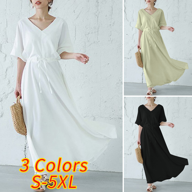 ZANZEA Women's Casual Waist Drawstring V-Neck Solid Color Short Sleeve Dress