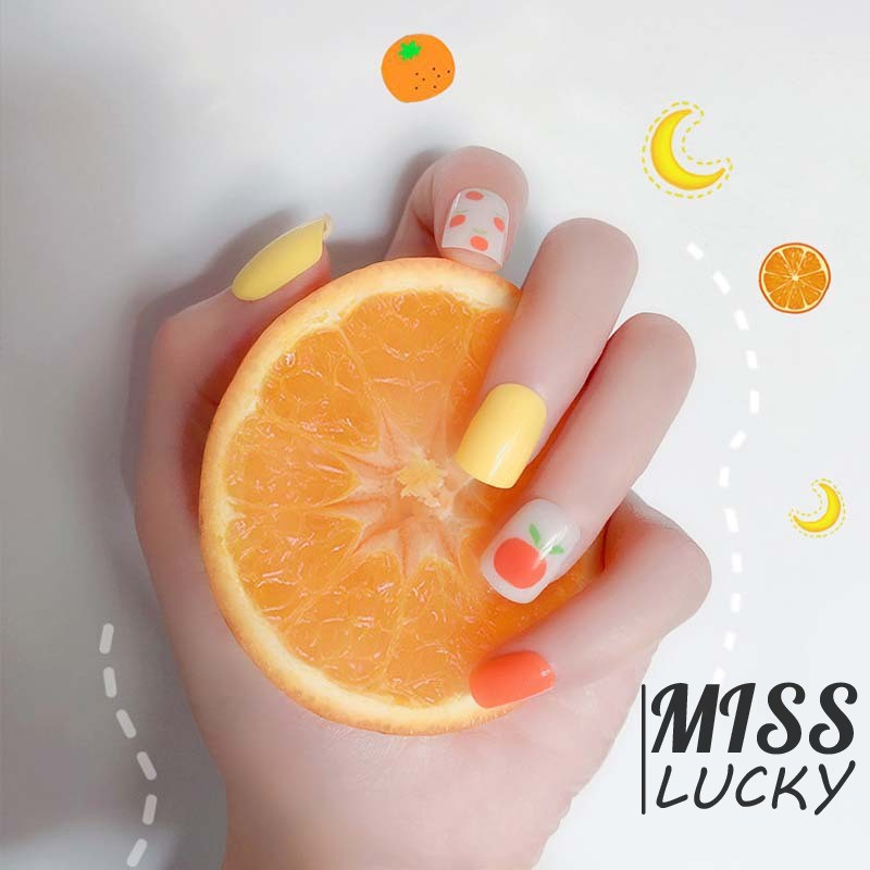 ❤HHN-VN Summer Sweet Orange Fake Nail Art Stickers Ins Women Beauty Manicure Fruit Pattern Square Fa