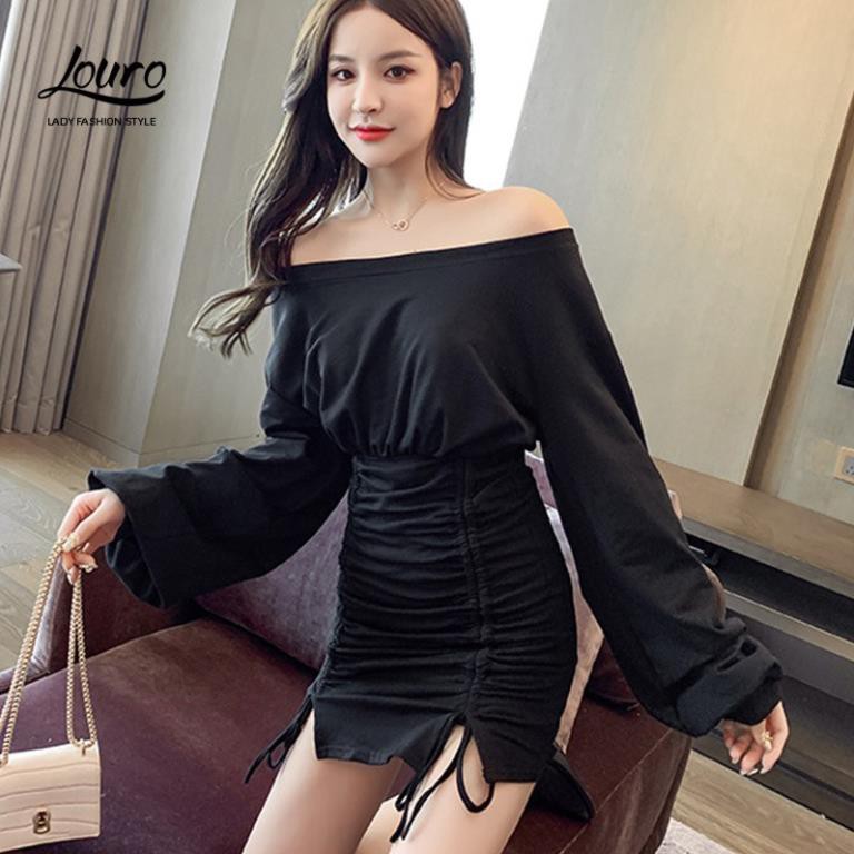 Váy đầm len tăm body rút dây💟FREESHIP💟mẫu váy đầm body dài tay lệch vai dây rút tôn dáng cực xinh-L027  ྇