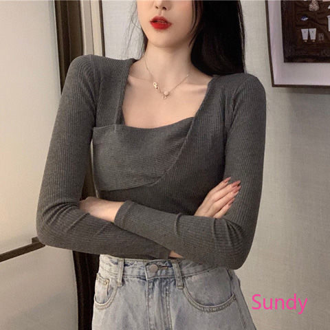 Áo Dài Tay Cổ Vuông Phong Cách Retro Thời Trang Mùa Thu Đông Cho Nữ