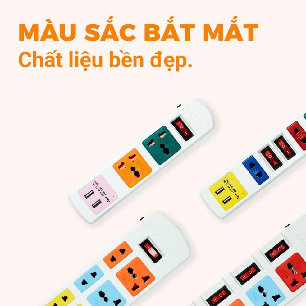 Ổ cắm điện đa năng có USB Honjianda Mã 03 Loại 2 công tắc Dây 3m - an toàn chống quá tải