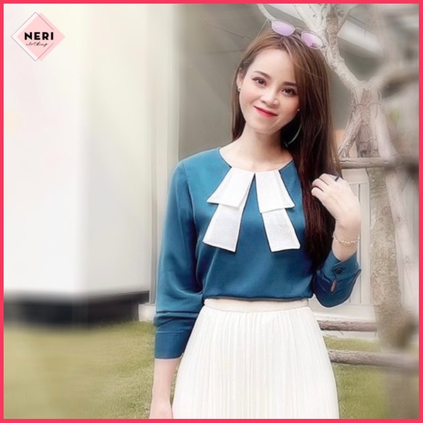 Áo kiểu công sở nữ nơ cổ mầu xanh ngọc chất cực đẹp, Áo cổ tròn điệu đà công sở nữ thời trang đi làm đi chơi đều đẹp