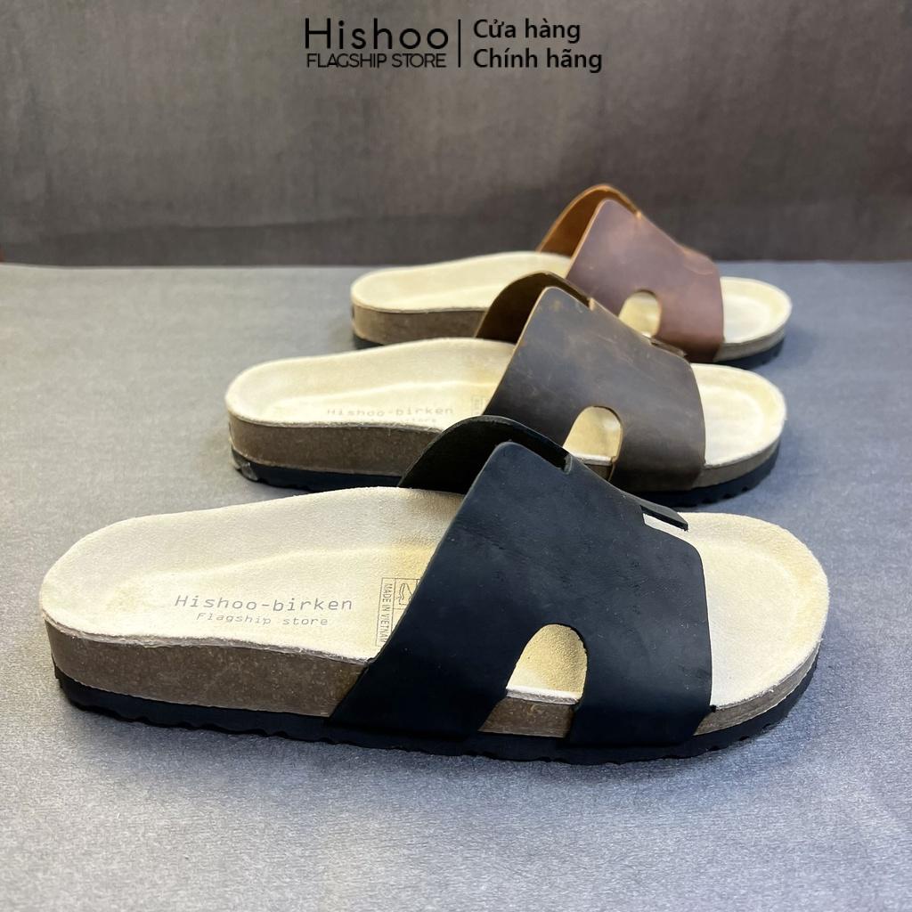 Dép Đế Trấu Nam Nữ Birken Quai Ngang Chữ H Da Bò Sáp Hishoo D095