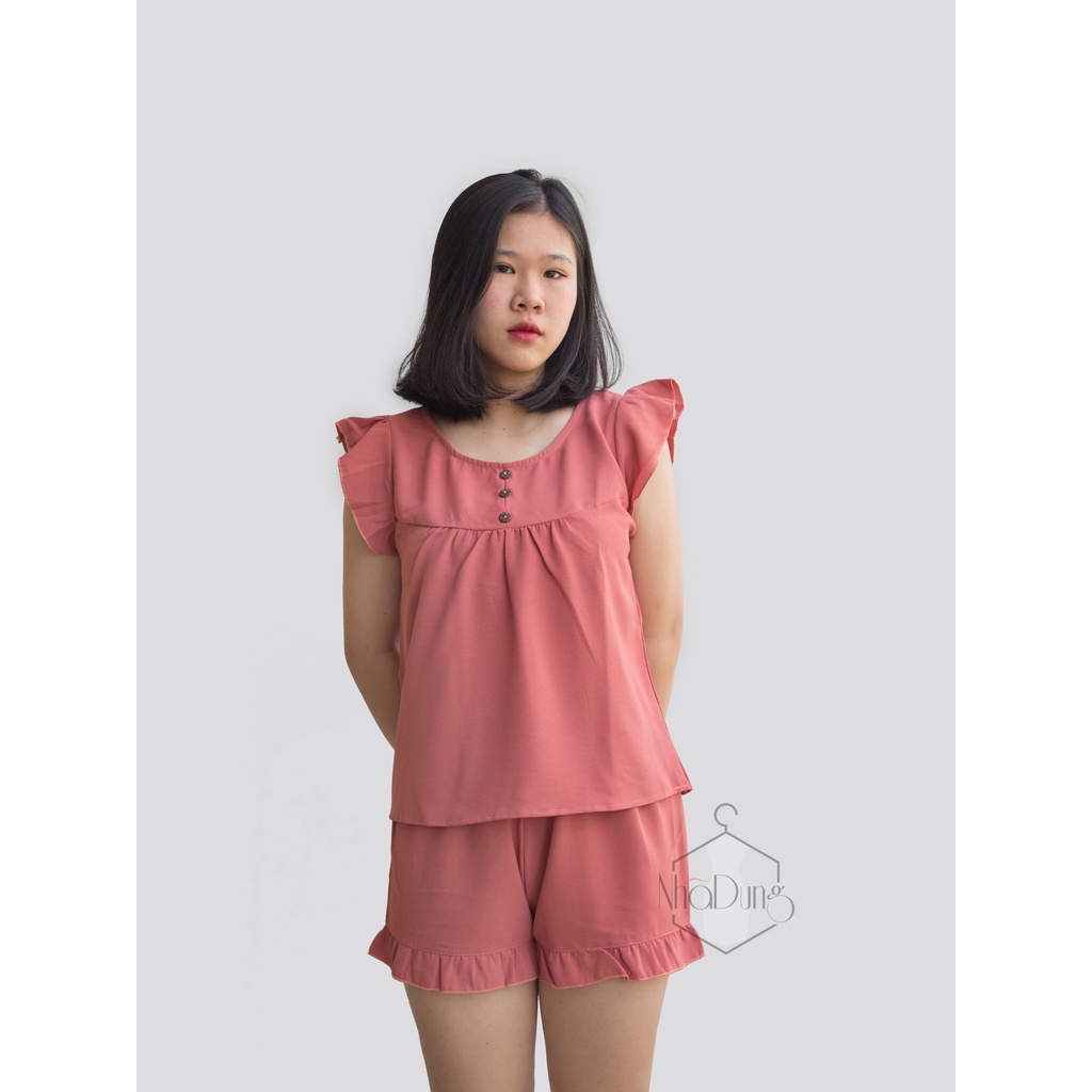 Đồ bộ nữ mặc nhà cánh tiên vải đũi không nhăn 3 nút Nhã Dung Store siêu mát mẻ kiểu dáng dễ thương dưới 65kg