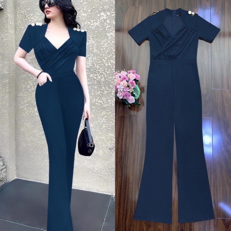Jumpsuit nữ 💝FREESHIP💝  Jum dài ống loe xếp ly ngực vai phối nút xinh xắn J1171