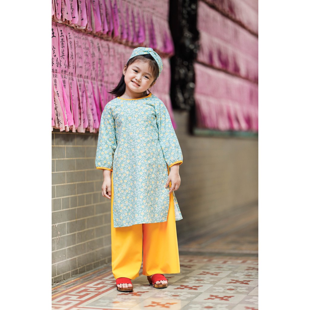 Set áo dài cho bé gái BYZU kiểu áo dài cách tân hoa nhí, chất liệu Linen màu xanh cực yêu