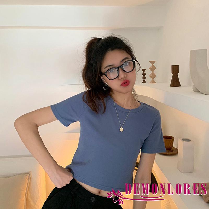 Áo Croptop Tay Ngắn Cổ Tròn Màu Trơn Thời Trang Cho Nữ