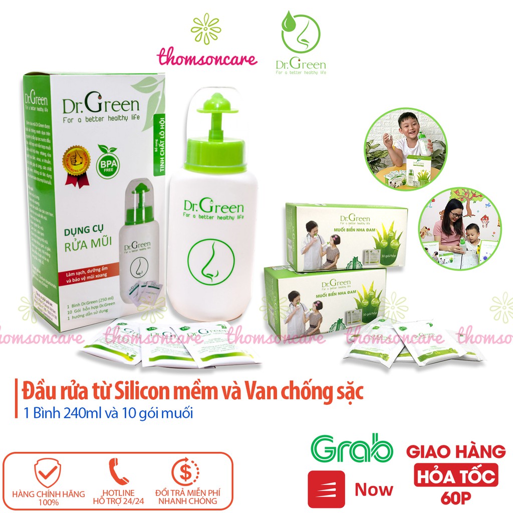 Bình và muối rửa mũi Dr Green, giúp thông mũi, giảm ngạt mũi cho bé, người lớn có van điều chỉnh