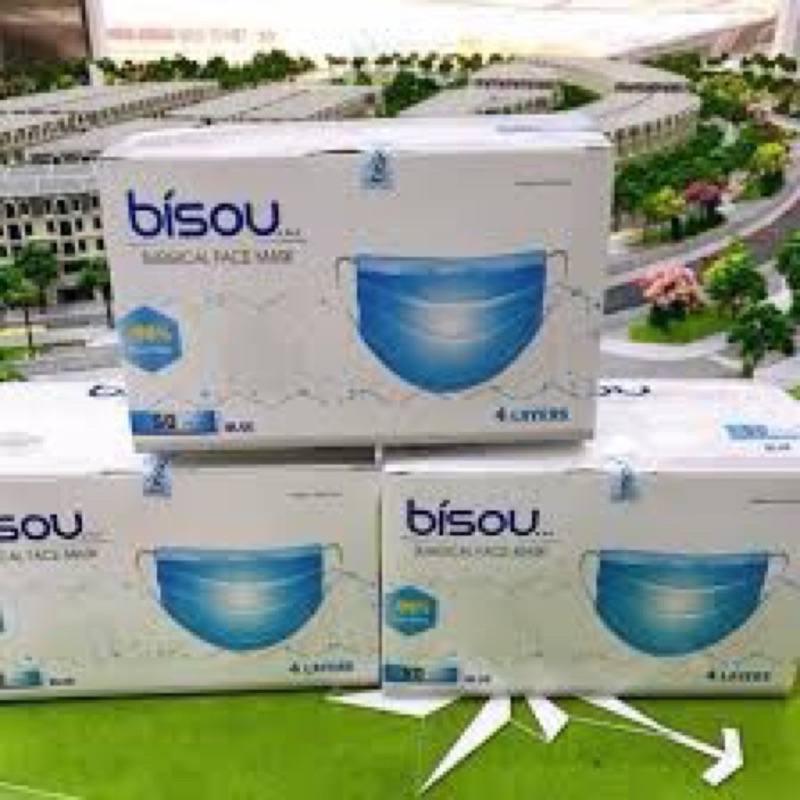 Khẩu trang y tế Bisou xanh Trắng xám vàng hộp 50 cái