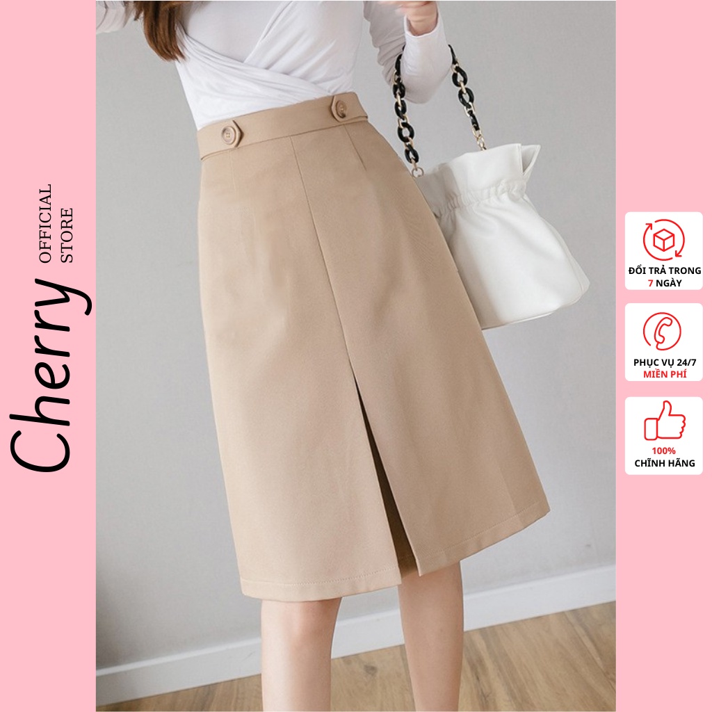 Chân váy dài công sở chữ A xẻ trước ulzzang CHERRY váy công sở dáng dài chữ A kiểu dáng midi thanh lịch CHERRY V057