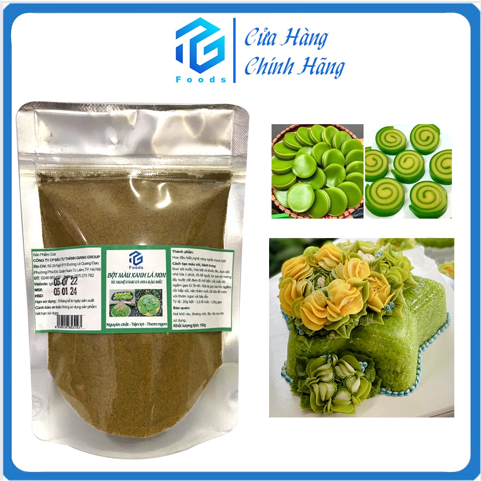 Bột tạo màu xanh lá cây cho xôi, bánh trưng 100% tự nhiên, kết hợp từ bột nghệ và hoa đậu biếc, gói 100g TG FOODS