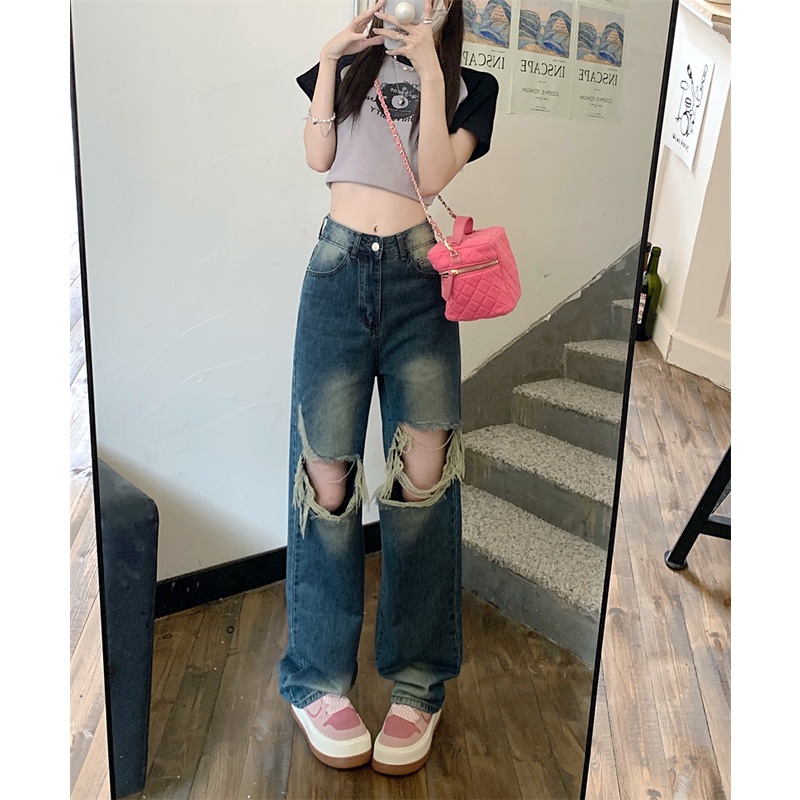 Quần Jean Ống Rộng Lưng Cao Theo Phong Cách Retro Dễ Phối Đồ Hợp Thời Trang