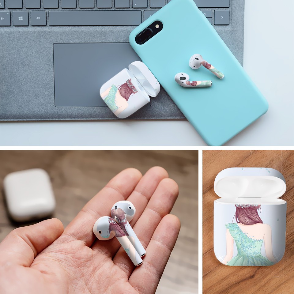 Miếng dán skin cho AirPods in hình Cô gái váy xanh - Gin007 (AirPods 1 và 2)