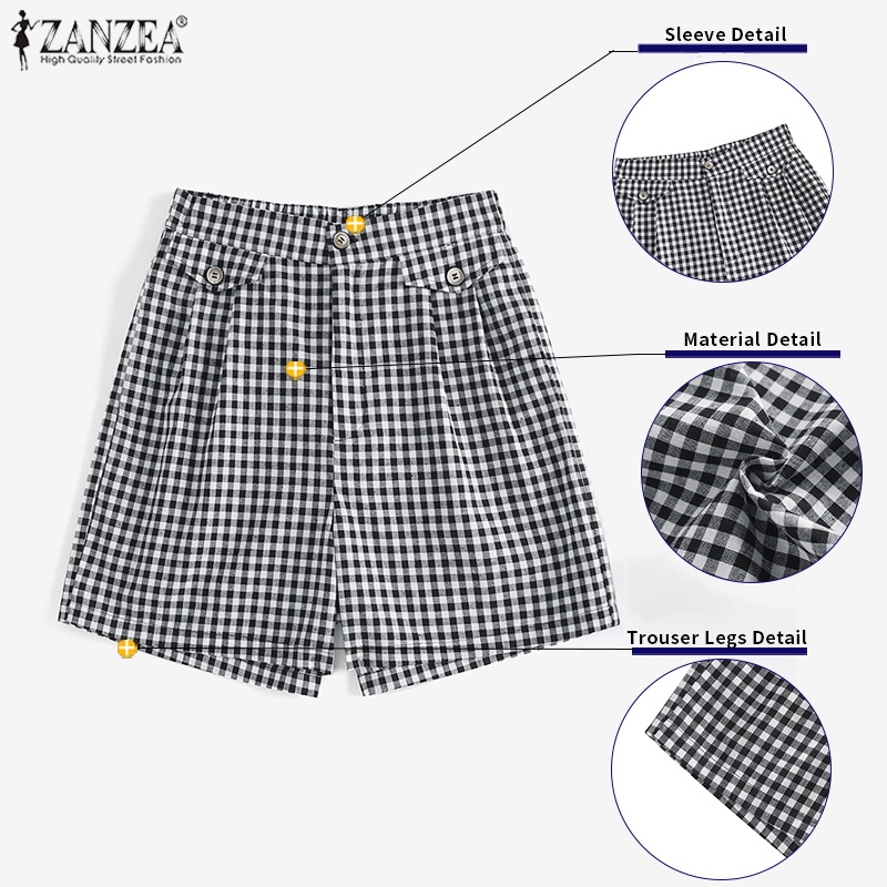 Zanzea Quần Short Lưng Thun Có Túi Họa Tiết Sọc Caro Thời Trang Cho Nữ