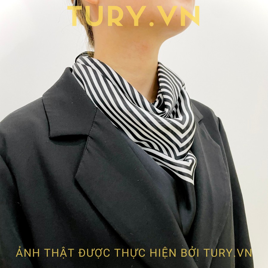 Khăn Lụa Vuông Turban 70x70cm Làm Áo Yếm Khăn Quàng Cổ Sọc Trắng Nền Đen Viền Trắng - Tury.vn - Mã TB008