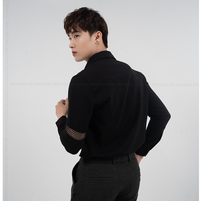 Áo Sơ Mi Nam Dài Tay Phối Lưới Màu Trắng/Đen Thương Hiệu MrTwins