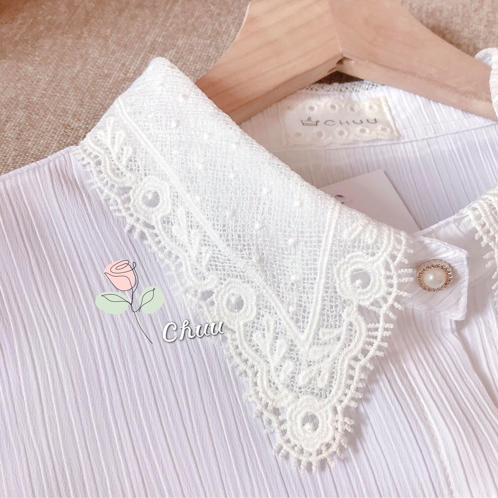 Áo sơ mi nữ trắng cổ ren tay lửng pijama CHUU A5354