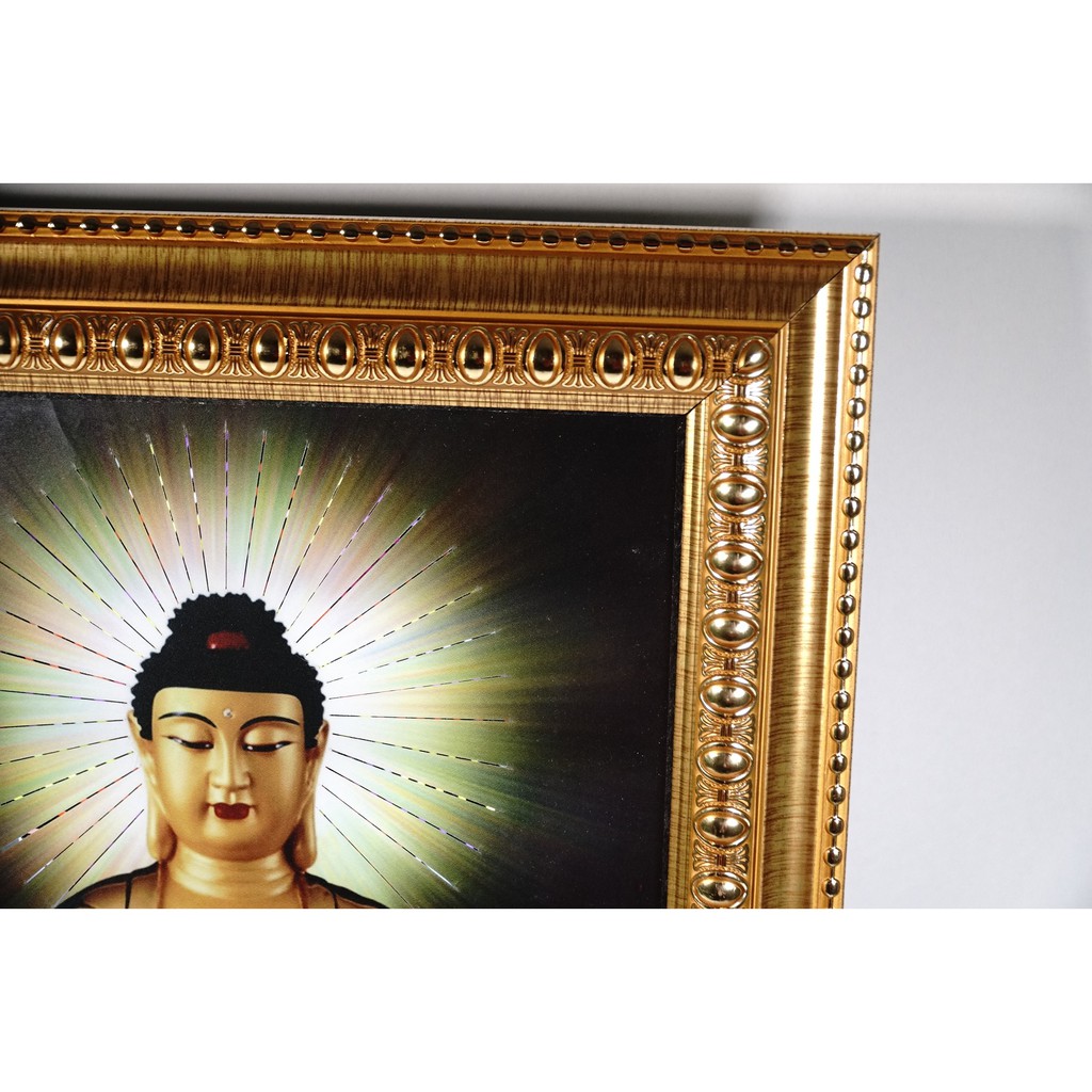 Tranh điện Phật A Di Đà áo vàng hào quang tỏa sáng hộp đèn led siêu đẹp - 45x35cm