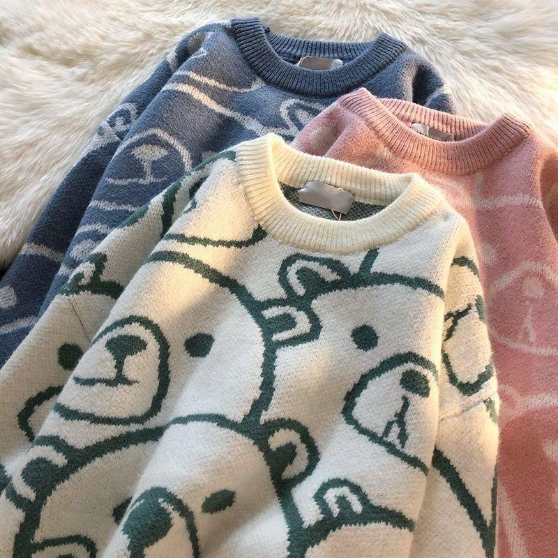 Áo Sweater Dệt Kim Cổ Rộng In Họa Tiết Kiểu Nhật Bản Thời Trang Thu Đông Cho Nữ