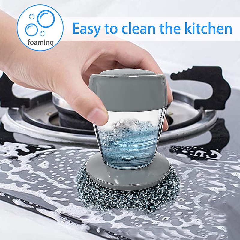 Bàn chải rửa chén dĩa bằng kim loại kèm bình đựng xà phòng tiện dụng cho nhà bếp