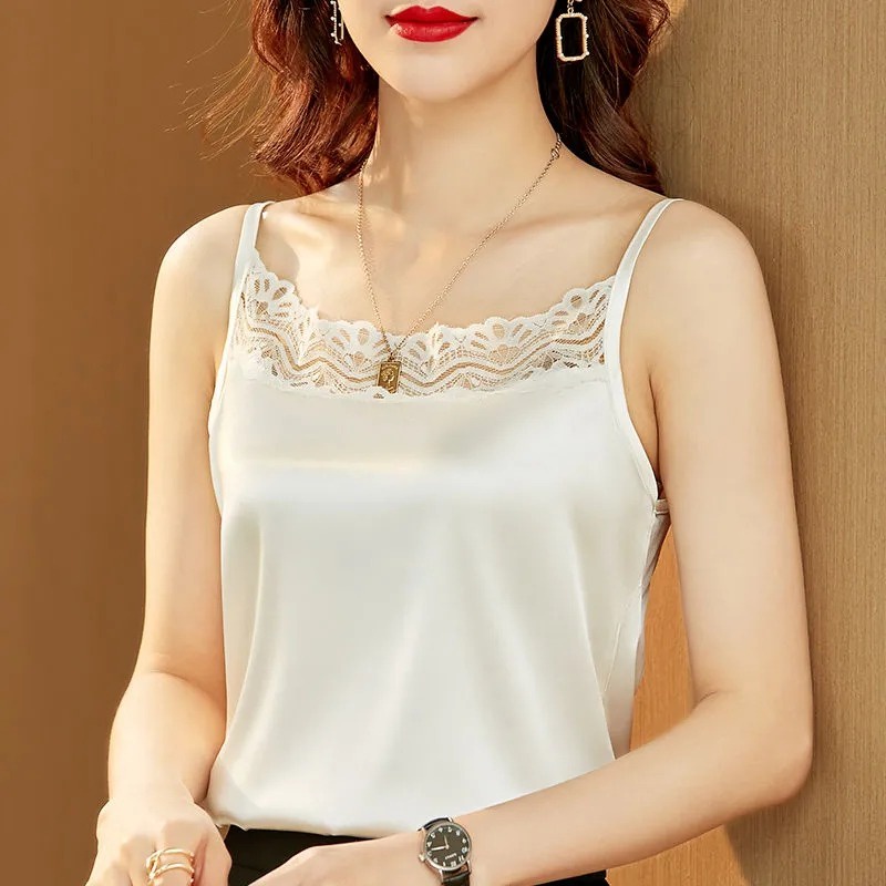 Áo thun sát nách ZHELIHANGFEI vải satin phối ren lưng xinh xắn