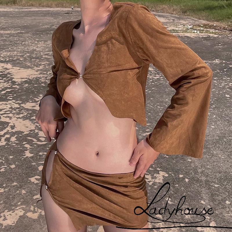 Ld-bộ 2 Món Áo Cardigan Tay Dài Màu Trơn Có Khóa Bên Hông Eo Thấp Sành Điệu Cho Nữ