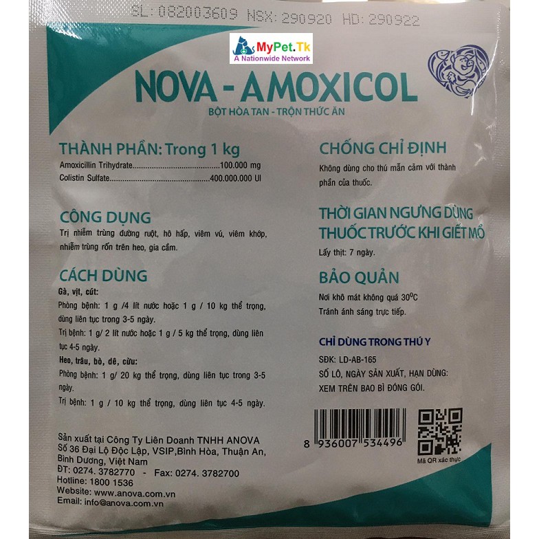 Nova Amoxicol Cho Gia Súc Heo Trâu Bò Dê Thỏ Gia Cầm Gà Vịt 100G