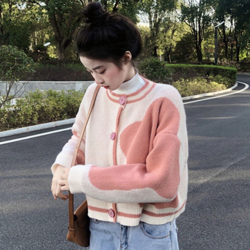 Áo Khoác Dệt Kim Tay Dài Màu Sắc Tương Phản Phong Cách Hàn Quốc