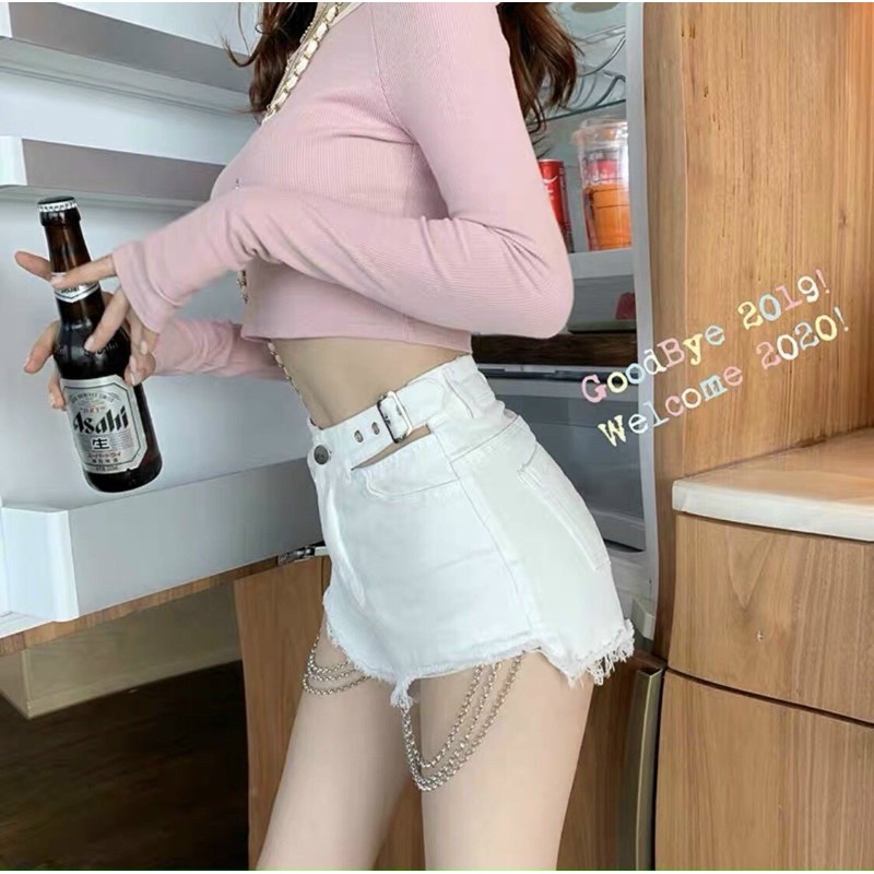 Quần short đùi dây xích kaki lưng cao khoét hông - A7U