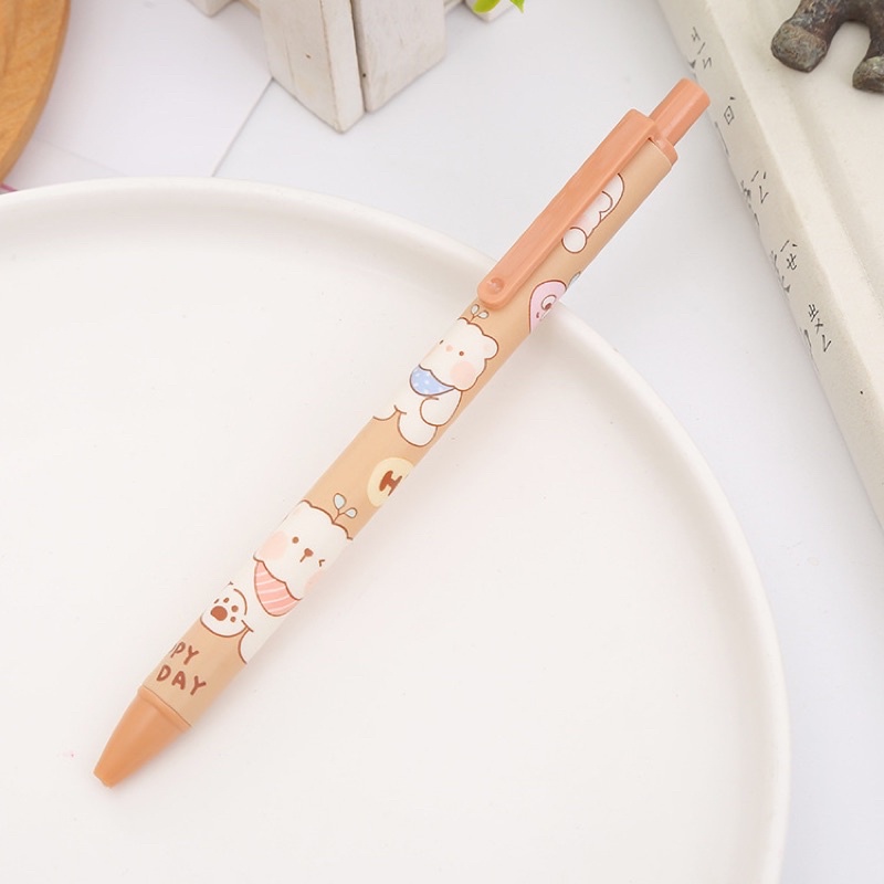 Bút bi bấm hình gấu cute dễ thương 0.5mm, Bút bi bấm màu nâu có ngòi thay, bút gel bấm mực đen Ếch Ộp Vpp