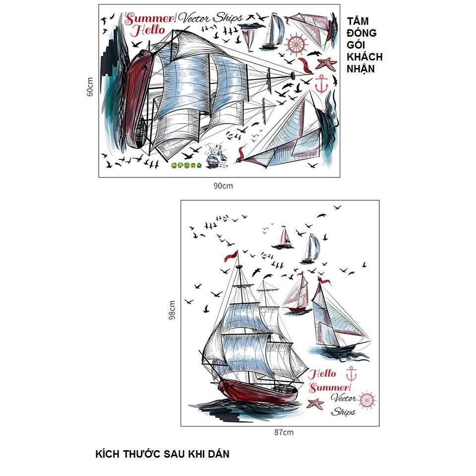 (HCM loại 1) Decal trang trí dán văn phòng, phòng làm việc, góc học tập Thuyền buồm số 3 đủ màu HCM