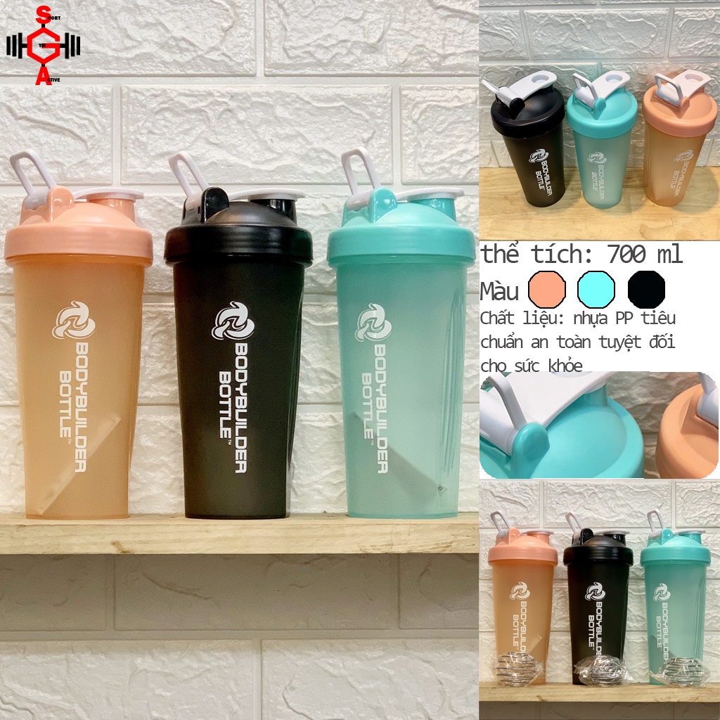 Bình nước tập gym chơi thể thao bình lắc whey pha sữa có con lắc lò xo đánh bột tan nhanh shaker Body builder 700 ml