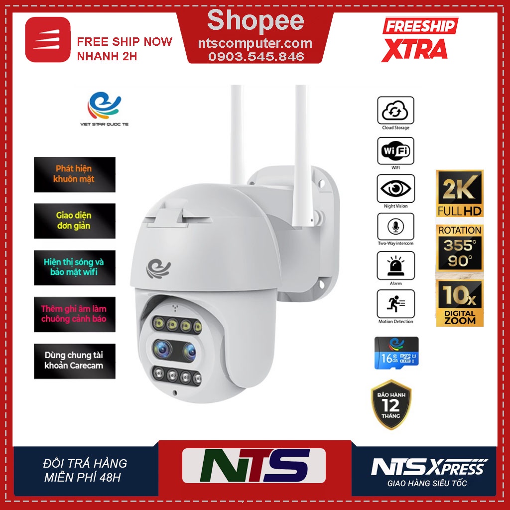 Camera WIFI PTZ ngoài trời 2 ống kính CARECAM CC5022 siêu ZOOM 10x, độ phân giải 2K, nhận diện khuân mặt, có đèn LED