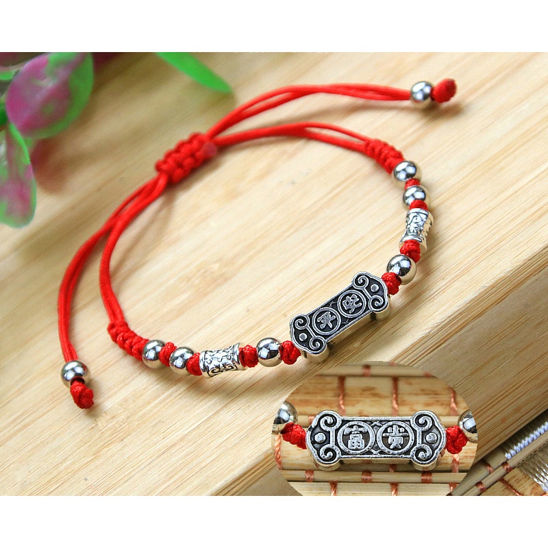 (HCM) Vòng Tay EBI Chỉ Đỏ Phối Cham Bạc May Mắn Dây thắt rút tùy chỉnh độ rộng phù hợp cho nam và nữ