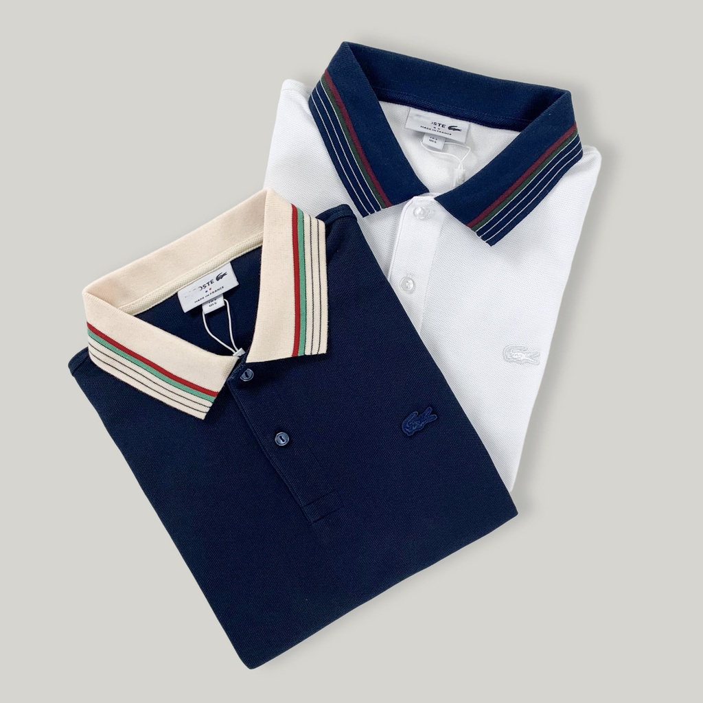 ÁO THUN POLO NGẮN TAY CỔ TRỤ XUẤT XỊN POLO LACOSTE LCC6 TRẮNG - XANH THAN